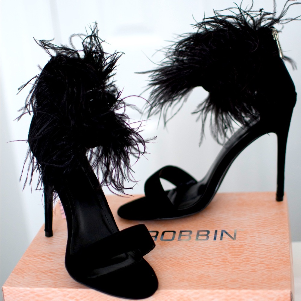 Black feathered sandal heels by Cape Robin